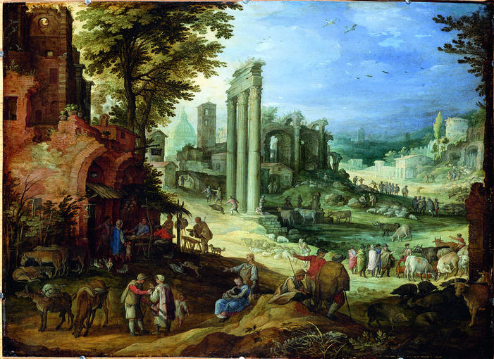 Paul Bril (1554-1626). ’Vista del campo Vaccino con mercado de ganado’ (1600). Óleo sobre cobre. Staatliche Kunstsammlungen Gemäldegalerie, Dresde, Alte Meister.