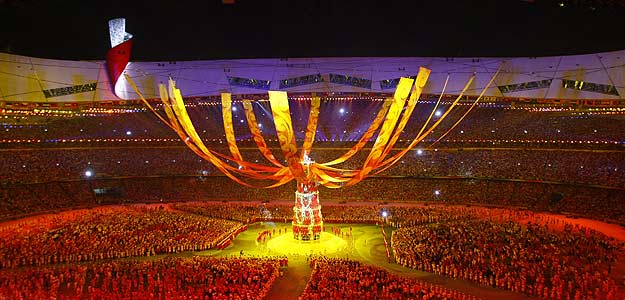 Performers take part in the closing ceremony of the Beijing 2008 Olympic Games at the National Stadium
