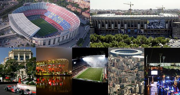 De izquierda a derecha, y de arriba hacia abajo: Nou Camp, Estadio Santiago Bernabéu, Circuito de Mónaco, El Nido, San Siro, Maracaná y Melbourne Cricket Ground.